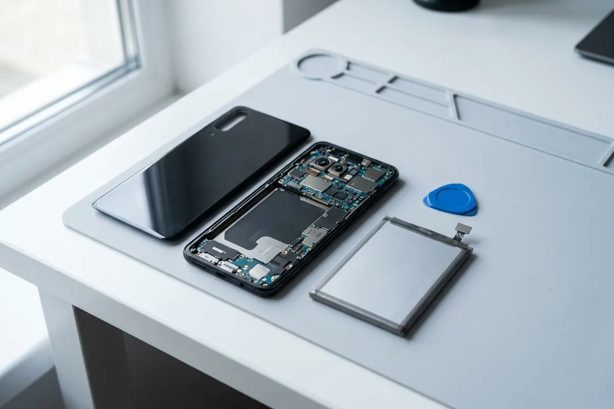 Removed flat smartphone battery next to an opened device on an anti-static mat with tweezers and a screwdriver