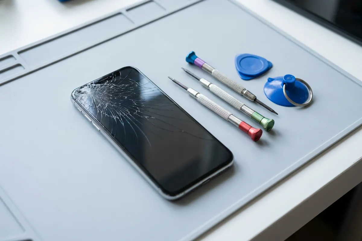 Smartphone with a cracked screen on a light workbench next to an opening tool and a suction handle