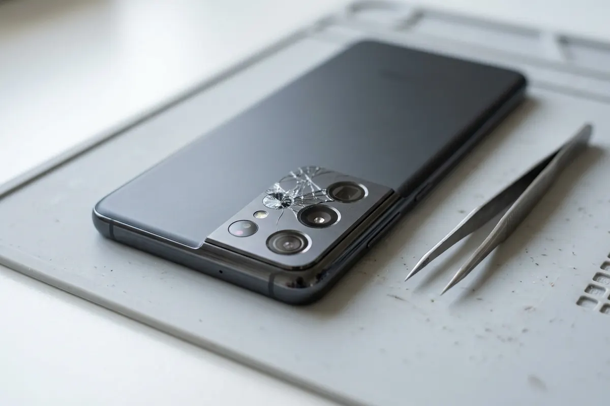 Back of a smartphone with its camera unit seen from above at an angle, focused on the camera glass with light reflections