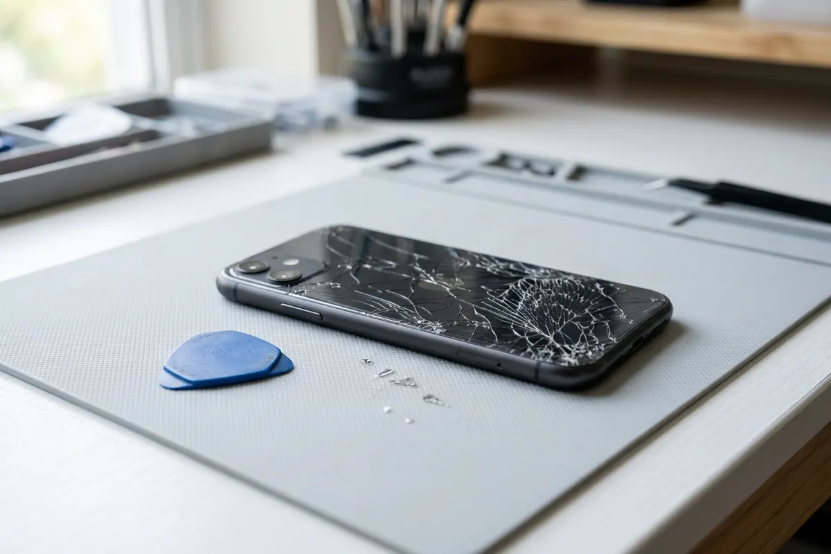 Smartphone with a cracked back glass on a light workbench