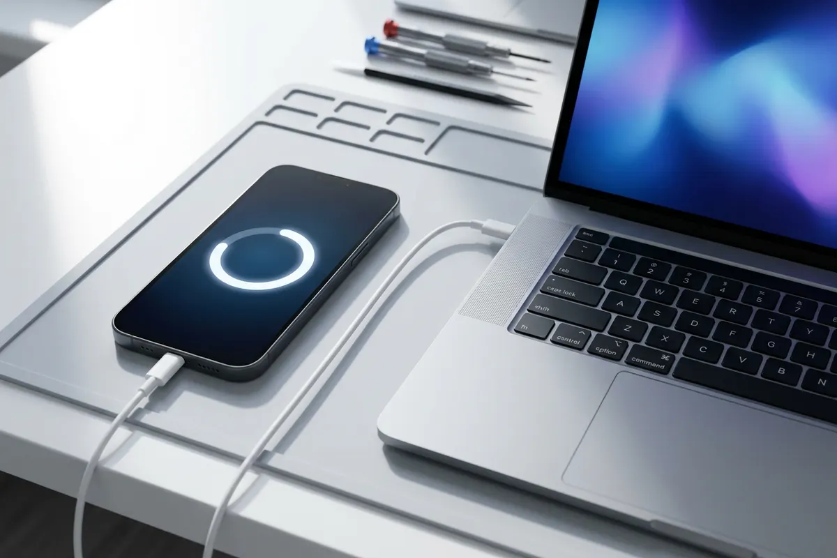 Smartphone with a blank black screen connected to a charging cable on a tidy desk
