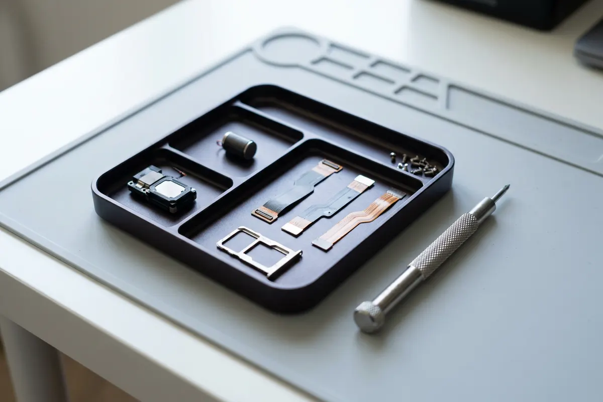 Small phone parts such as speaker, microphone and vibration motor arranged next to tweezers