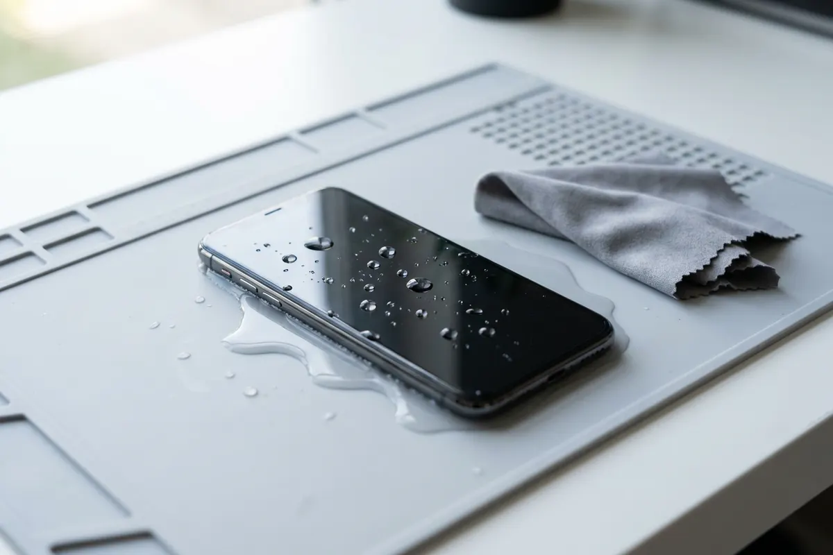 Smartphone neben einer Pfütze und einzelnen Tropfen auf dunklem Schiefer, daneben ein trockenes Tuch