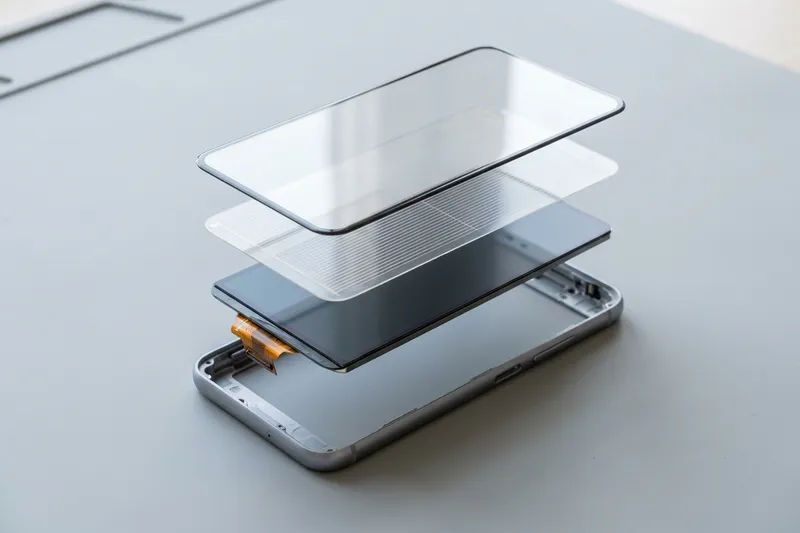 Layers of a smartphone display: cover glass, touch layer and panel