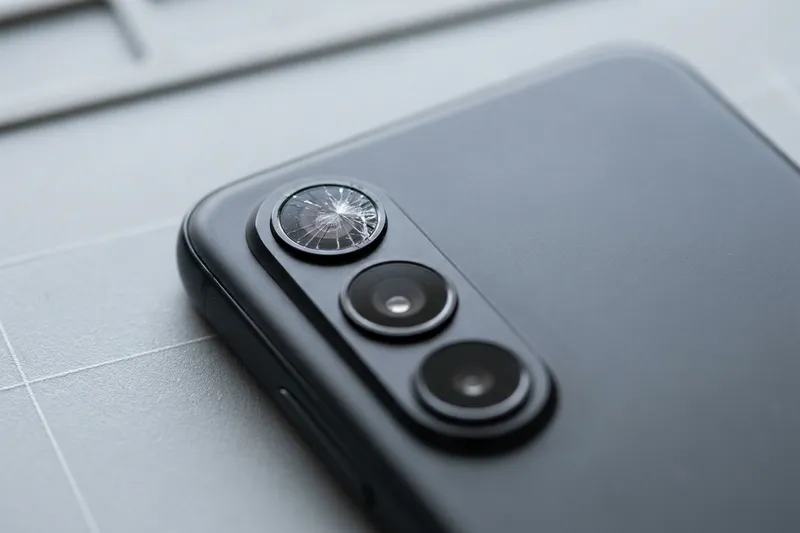 Cracked cover glass over a camera lens on the back of a phone