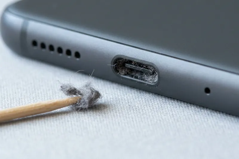 USB-C-Ladebuchse voller Taschenfussel, daneben ein Holzstäbchen