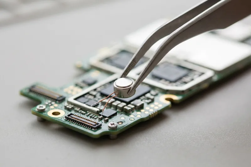 Tweezers holding a tiny component above an open phone board