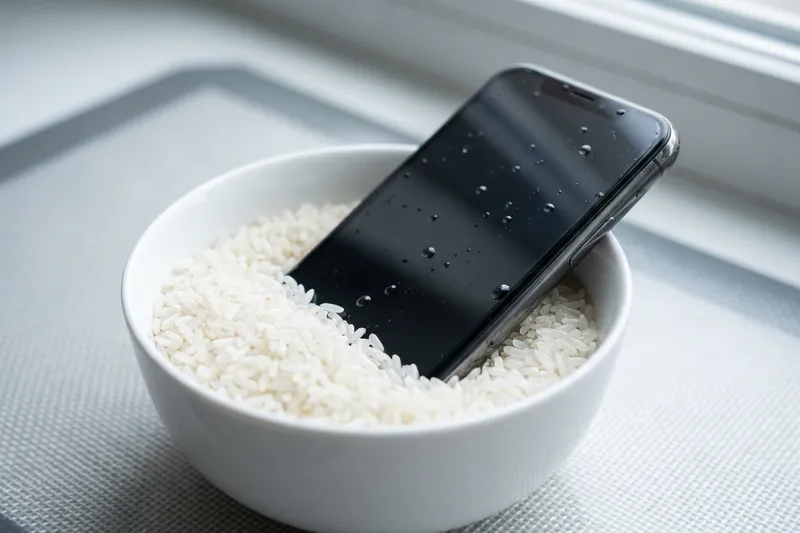 Nasses Smartphone in einer Schale mit Reis
