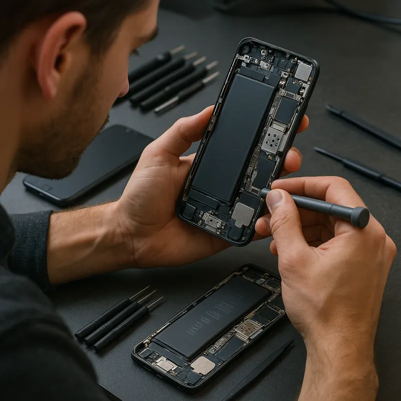 Reparatur eines geöffneten Smartphones an einem Werkstattplatz